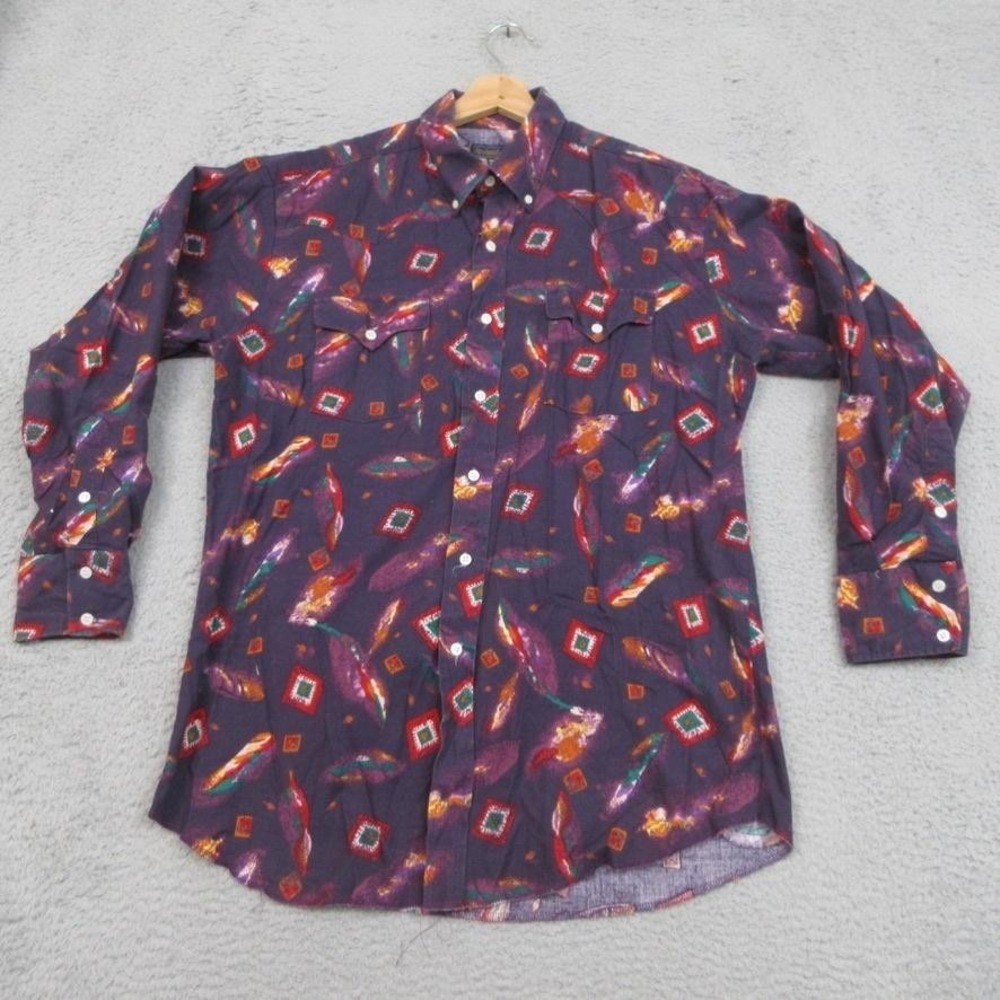 Vintage 90s Panhandle Slim‎ Western Shirt Mens 16.5x34 Purple Feather Print Work